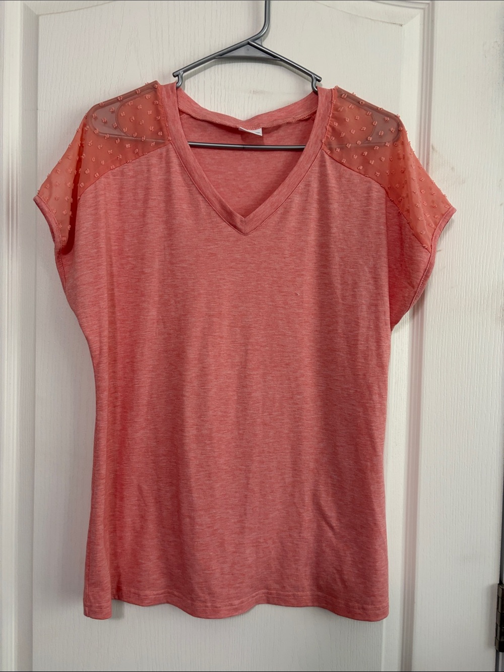 Coral V-Neck Short Sleeve Tee with Sheer Beaded Shoulders